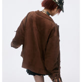 Unisex Jacket Vintage Suede Stitching Pu Turn-down Collar Coat Men and Women Loose Jacket